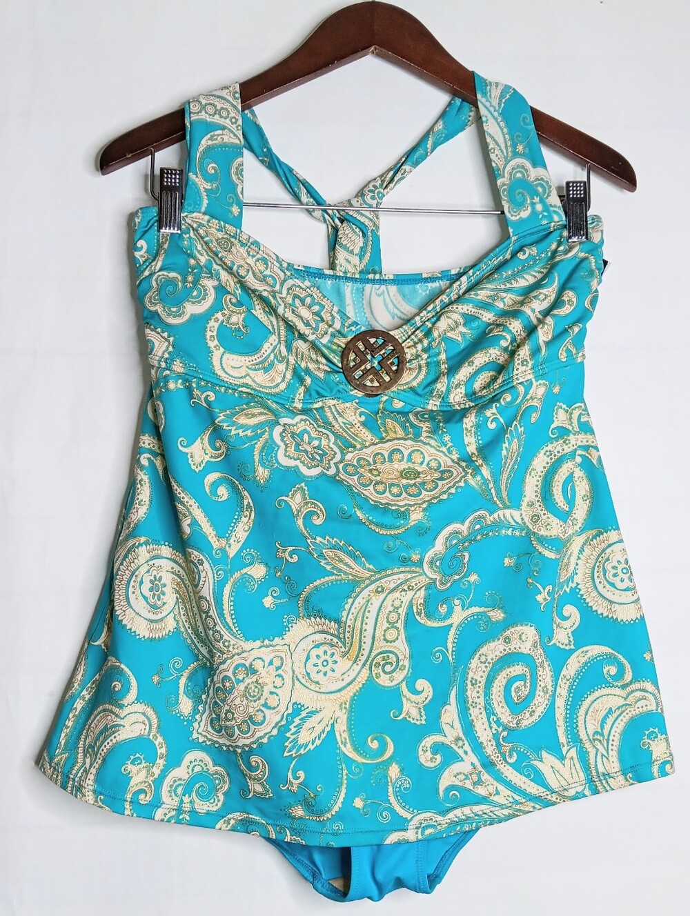 Jaclyn Smith 12 Bathing Suit Halter Style Tankini Blue White Paisley Print Women